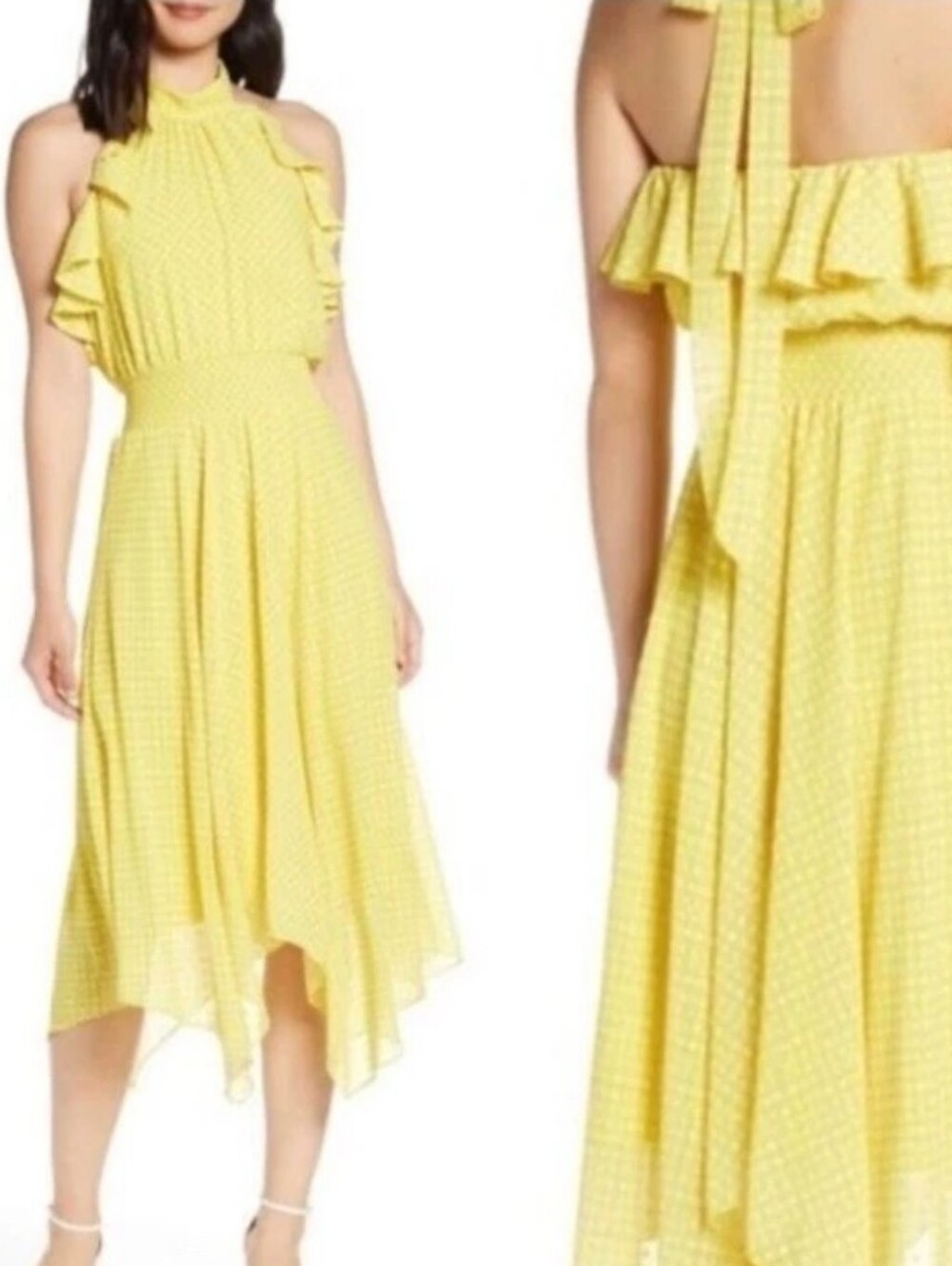 Eliza J Yellow Whimsy Asymmetrical Ruffle Polka Dot Halter Dress